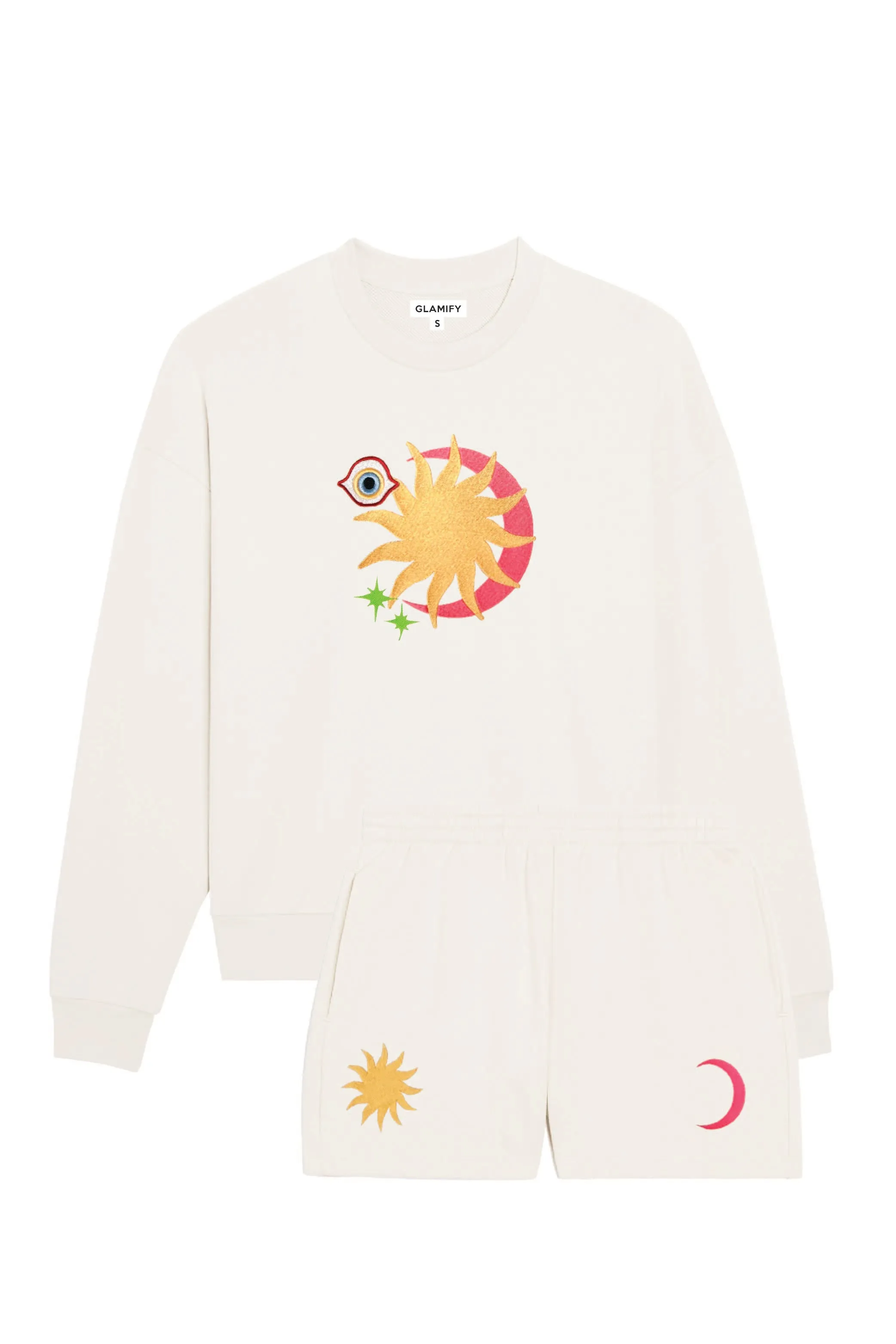 Cresent sun ecru embroidered sweater shorts loungewear