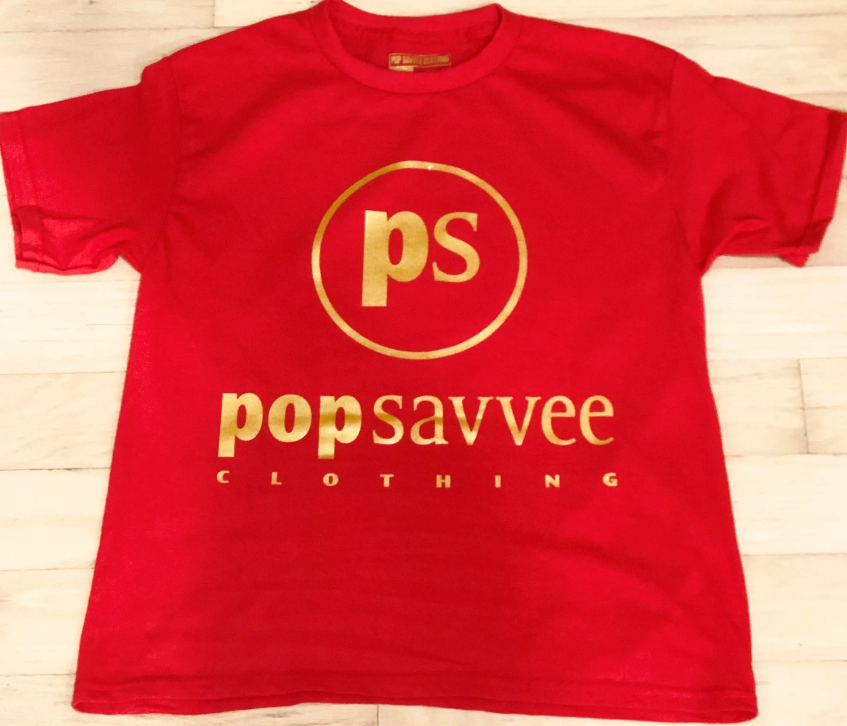 Designer Gold Label Short Sleeve Crewneck T-Shirt w/ Metallic Gold “Pop Savvee Clothing” Logo