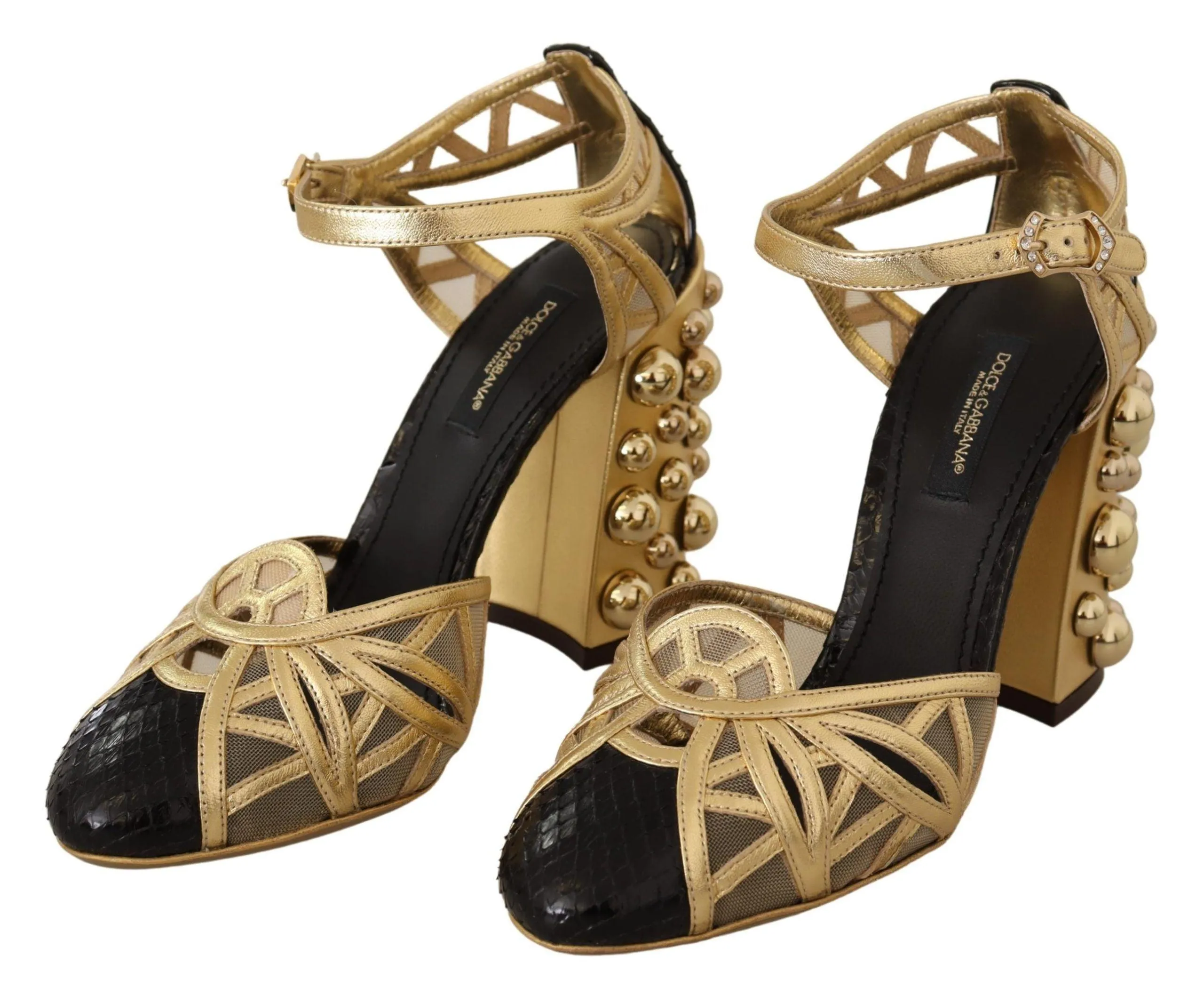 Dolce & Gabbana Black Gold Leather Studded Ankle Straps Shoes