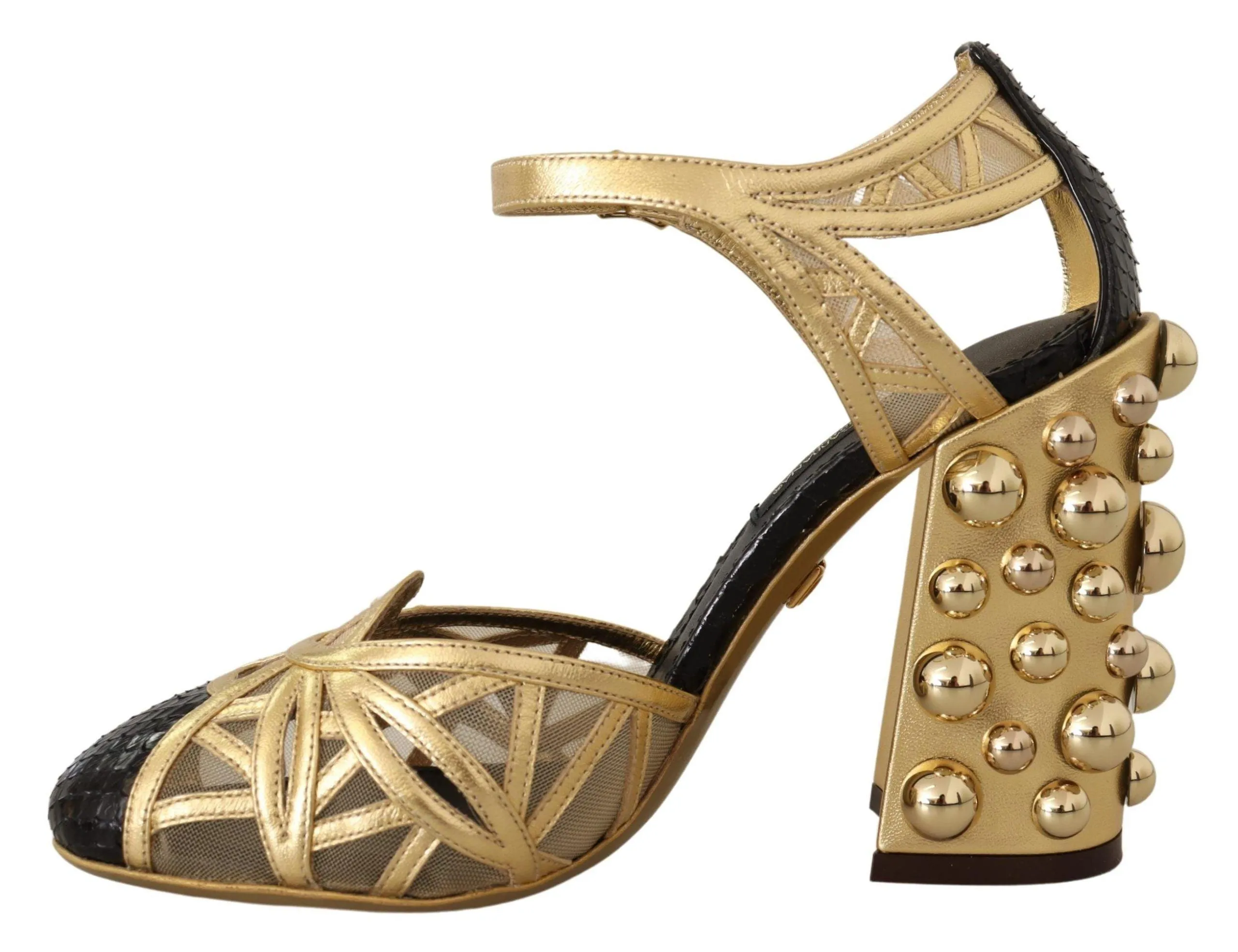 Dolce & Gabbana Black Gold Leather Studded Ankle Straps Shoes