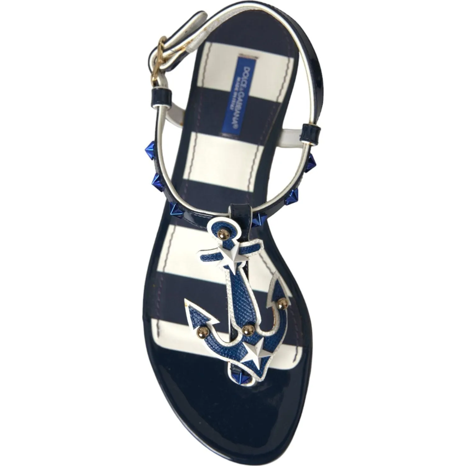 Dolce & Gabbana Blue Stripes Leather Studded Flats Sandals Shoes