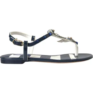 Dolce & Gabbana Blue Stripes Leather Studded Flats Sandals Shoes