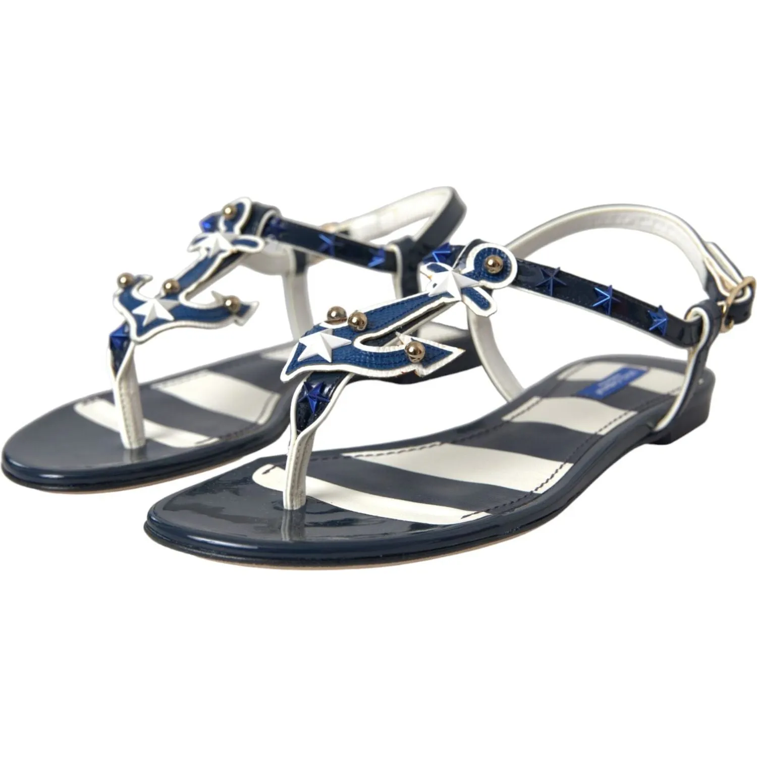 Dolce & Gabbana Blue Stripes Leather Studded Flats Sandals Shoes