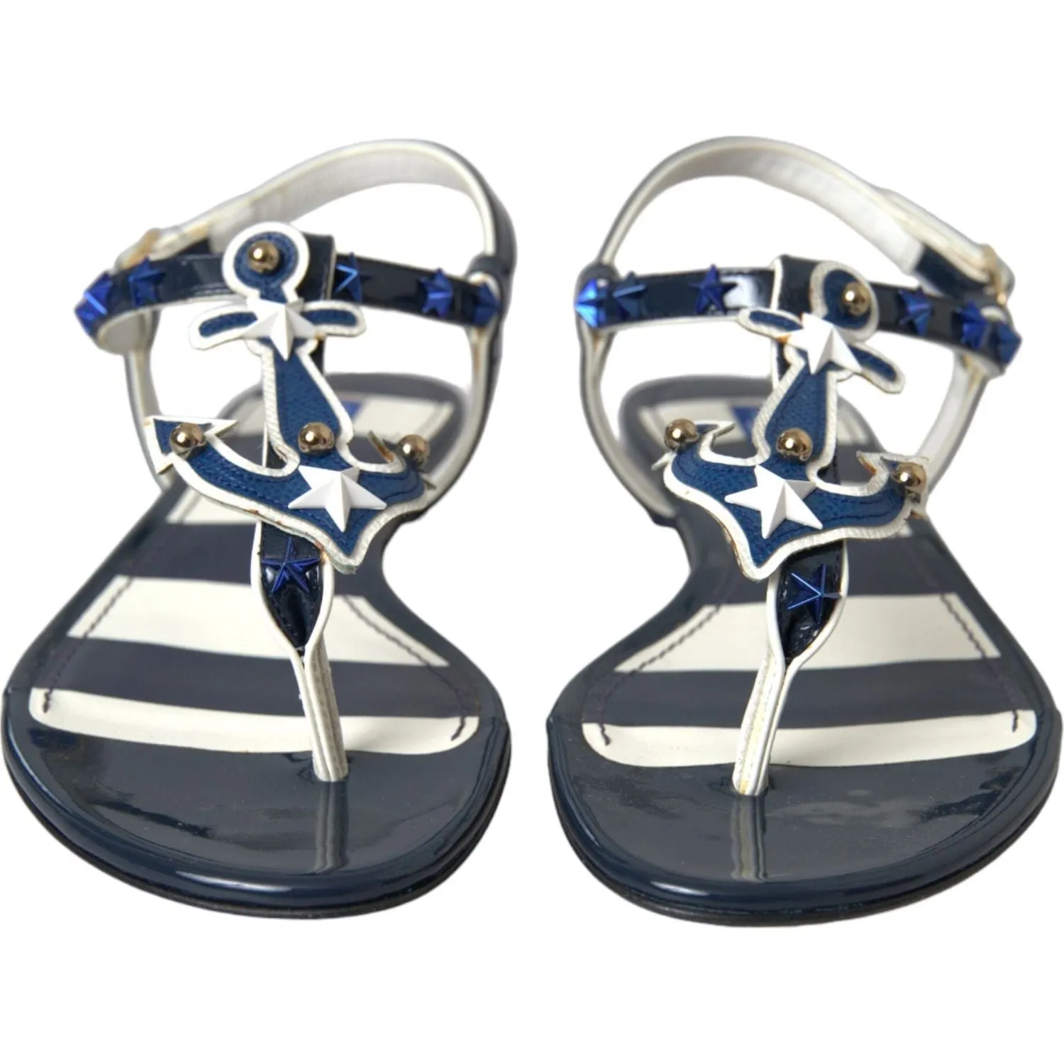 Dolce & Gabbana Blue Stripes Leather Studded Flats Sandals Shoes