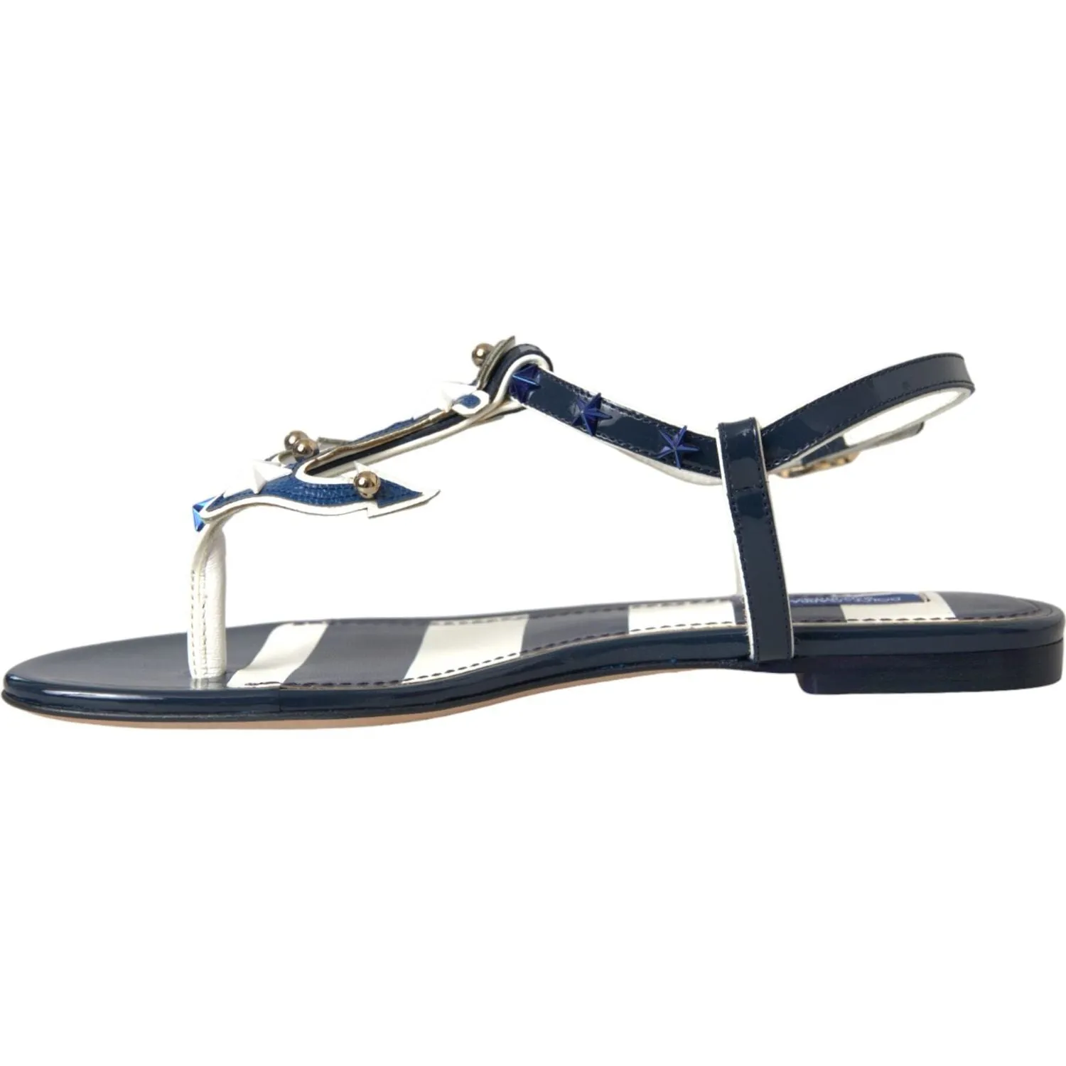 Dolce & Gabbana Blue Stripes Leather Studded Flats Sandals Shoes