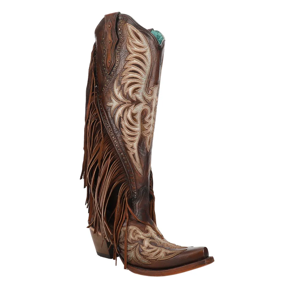 Eagle Embroidered Studded Fringe Tall Snip Toe Cowboy Boots