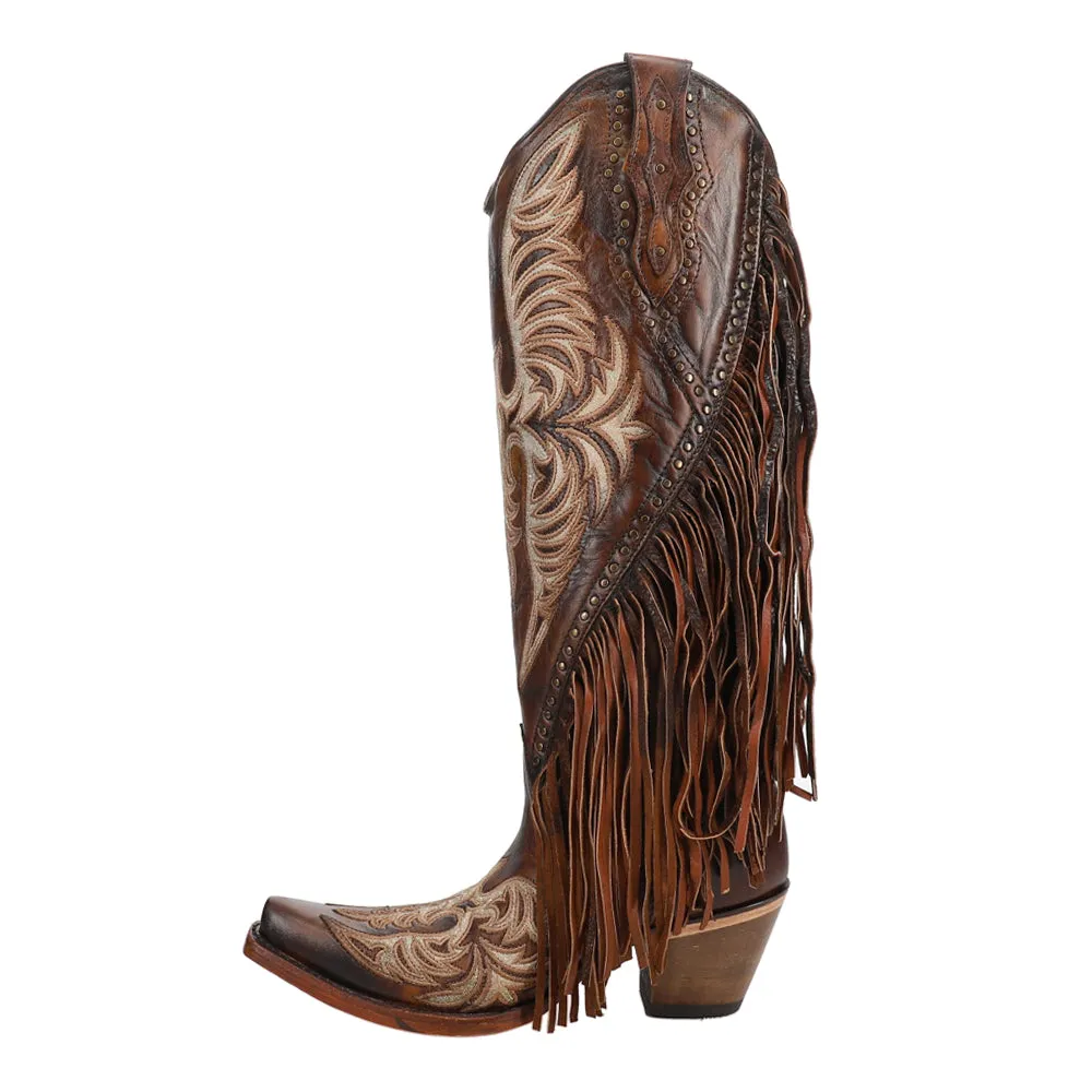 Eagle Embroidered Studded Fringe Tall Snip Toe Cowboy Boots