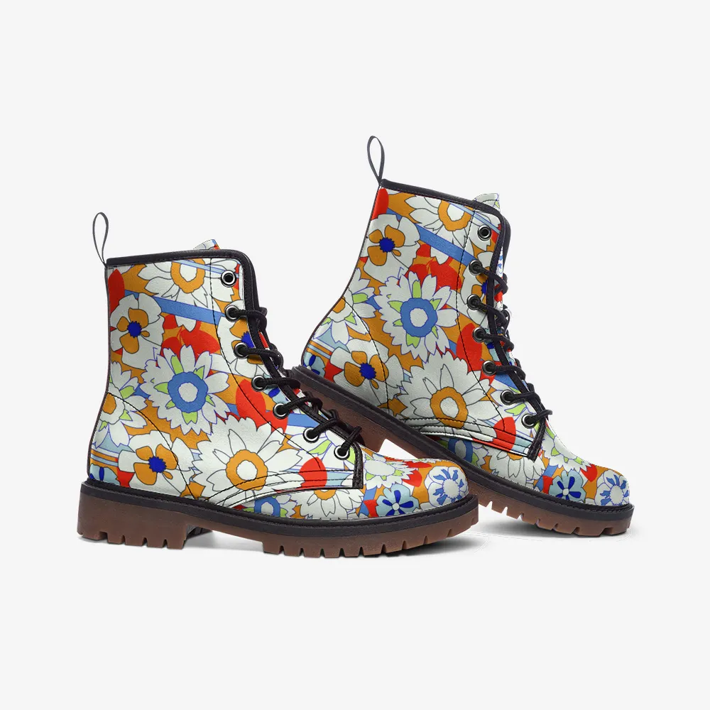 Floral Faux Leather Combat Boots Lace Up