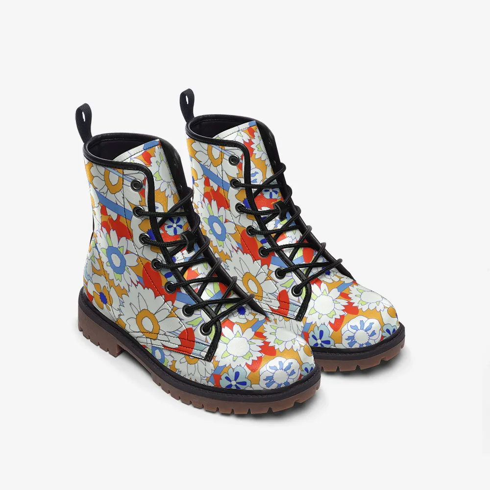 Floral Faux Leather Combat Boots Lace Up