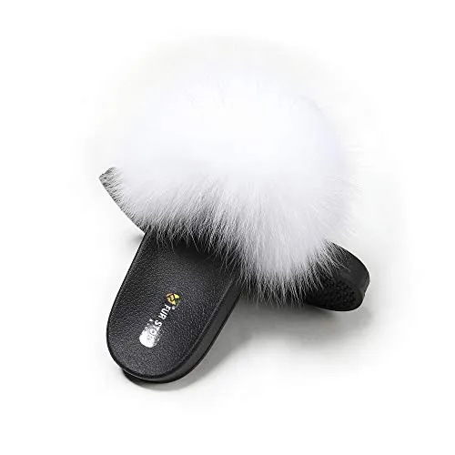 Fur Story Women's Fox Fur Slides Furry Slide for Outdoor Fluffy Sandals Open Toe Fur Slippers (White, 11)