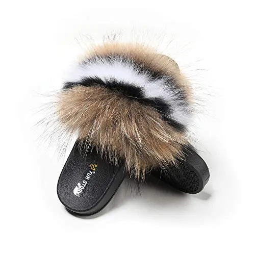 Fur Story Women's Fox Fur Slides Furry Slide Sandals Summer Fur Slippers (Brown, Numeric_7_Point_5)