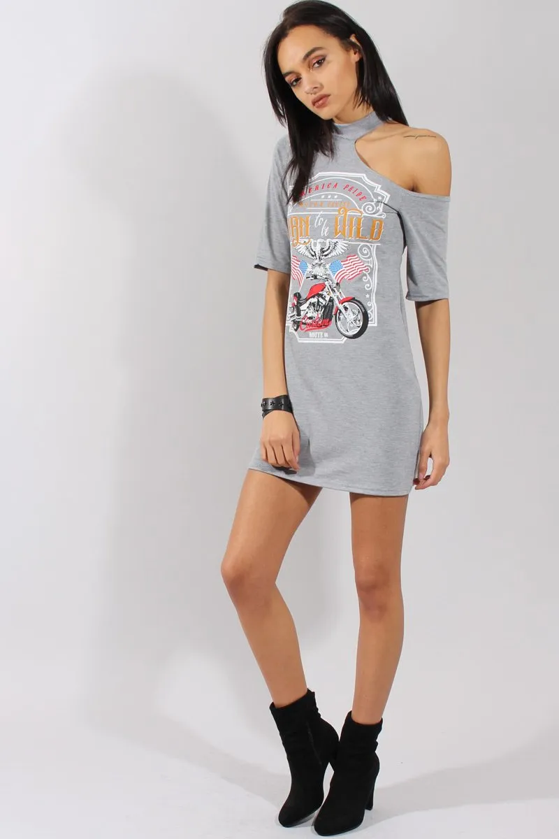 Grey Born To Be Wild Cut Out Shoulder T-Shirt Dress - Lorelei