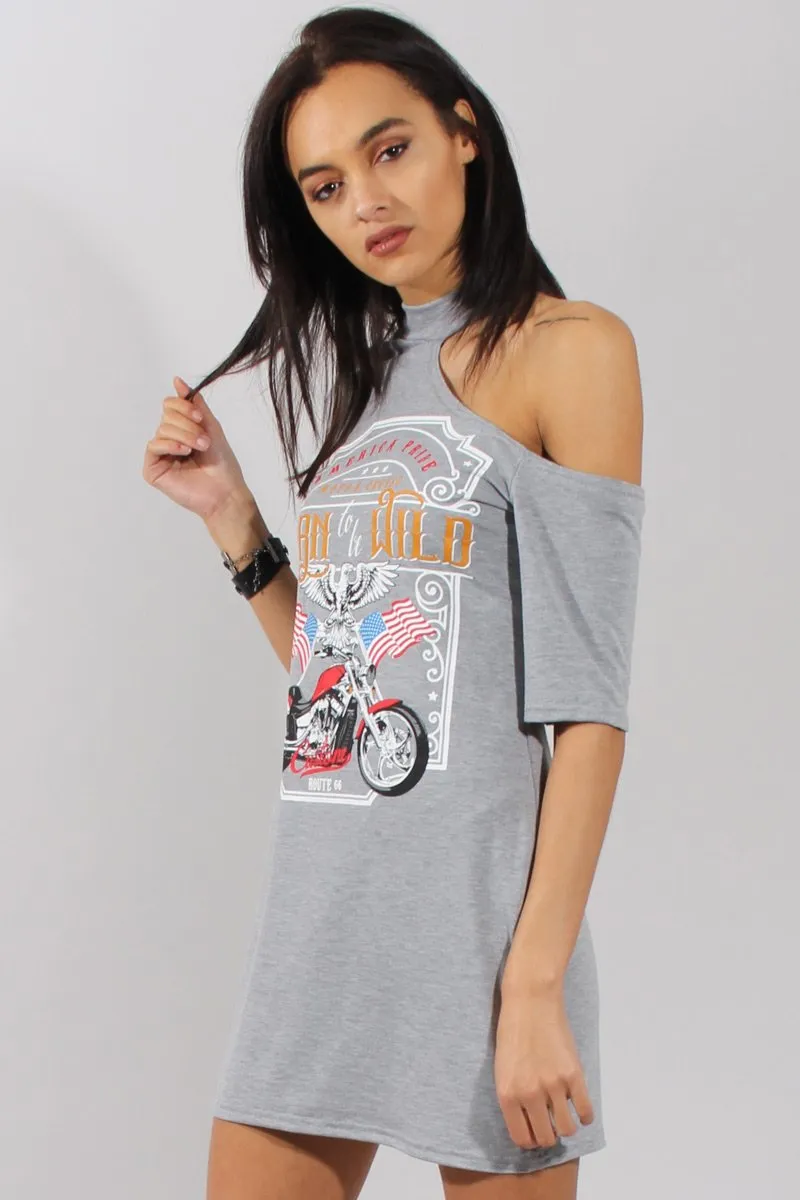 Grey Born To Be Wild Cut Out Shoulder T-Shirt Dress - Lorelei