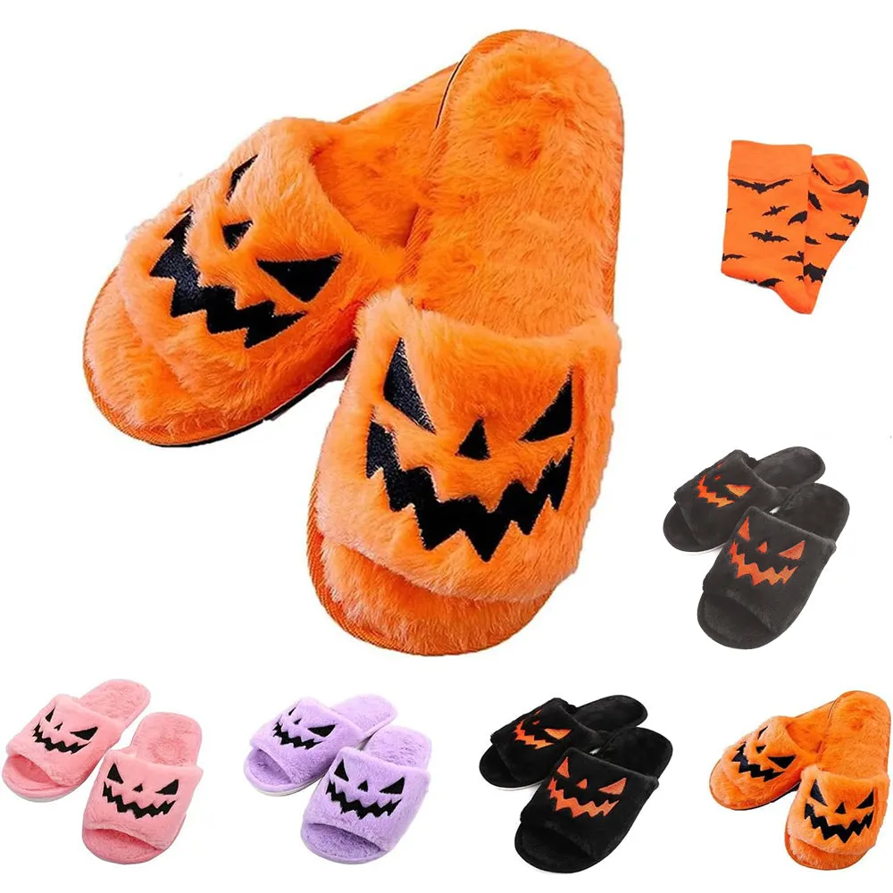 Halloween🎃Pumpkin Ghost Fuzzy Open Toe Slippers for Women