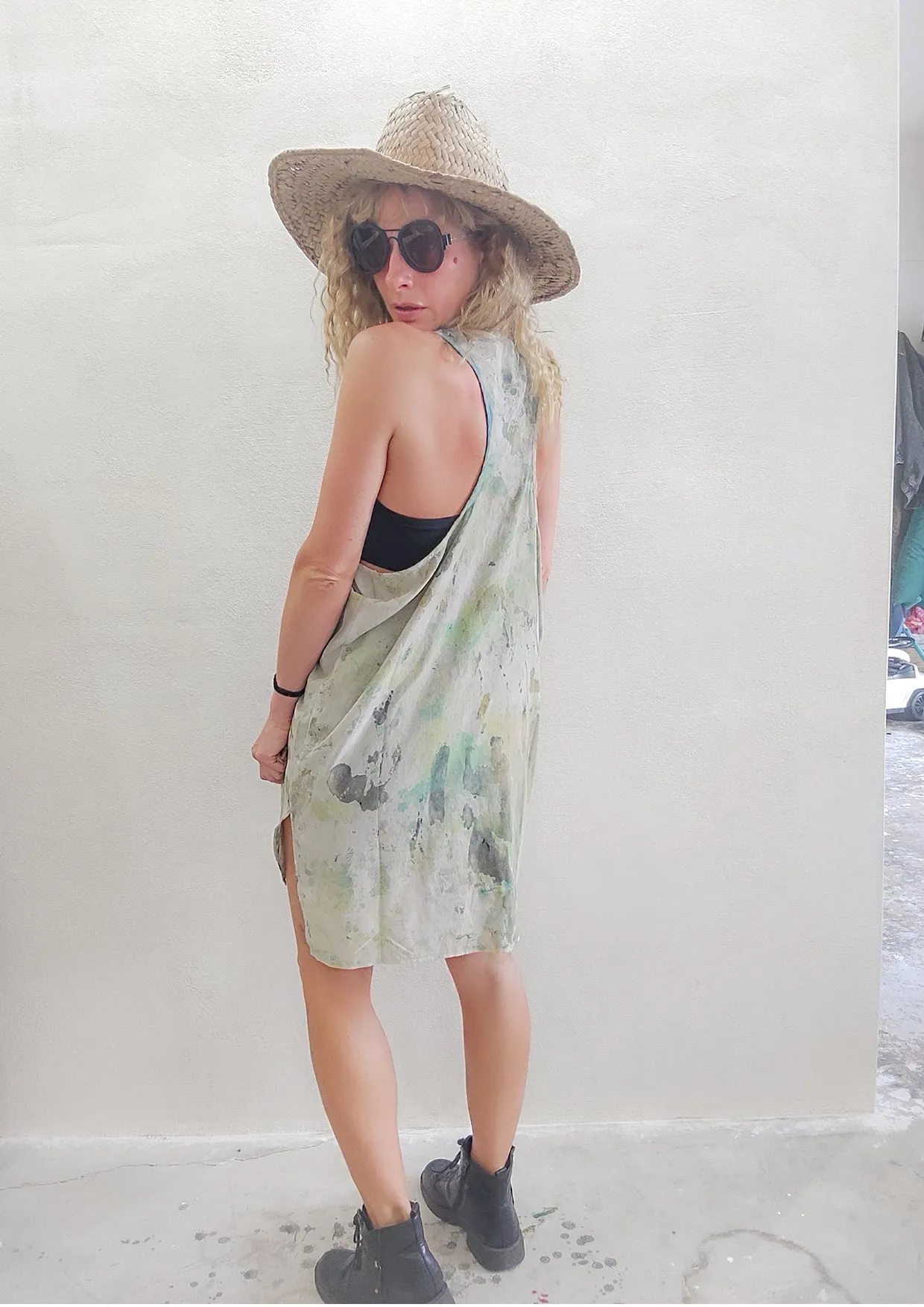 HANDPAINTED - TANK TOP / DRESSS LONG OVERSIZED - creme painted