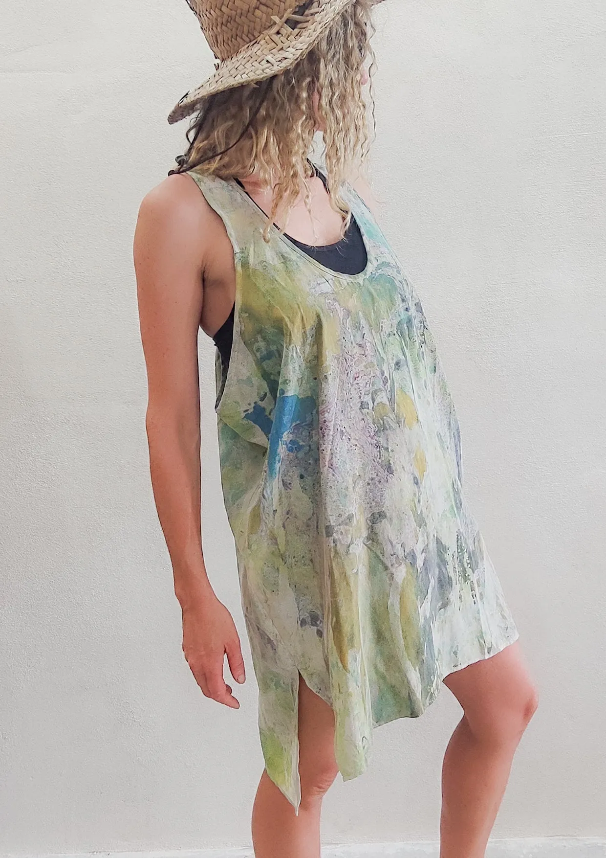 HANDPAINTED - TANK TOP / DRESSS LONG OVERSIZED - creme painted