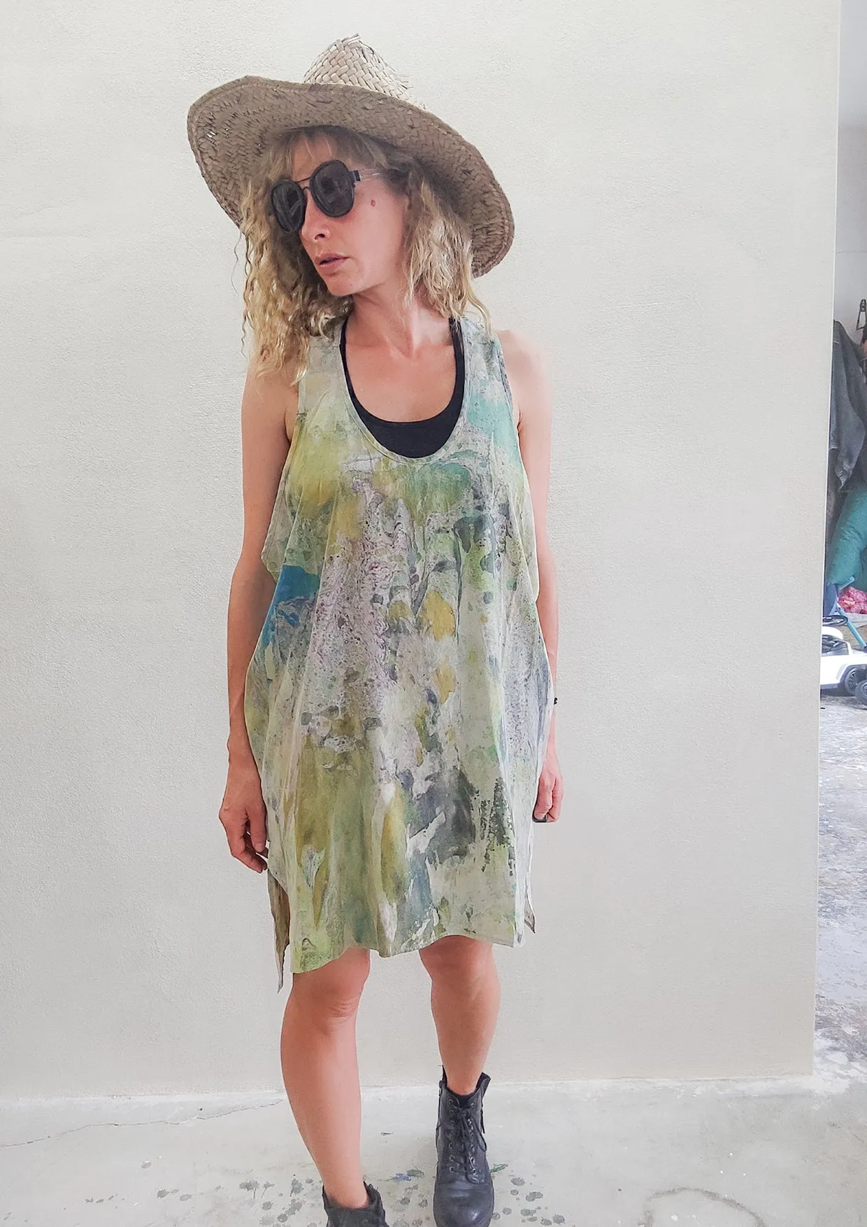 HANDPAINTED - TANK TOP / DRESSS LONG OVERSIZED - creme painted