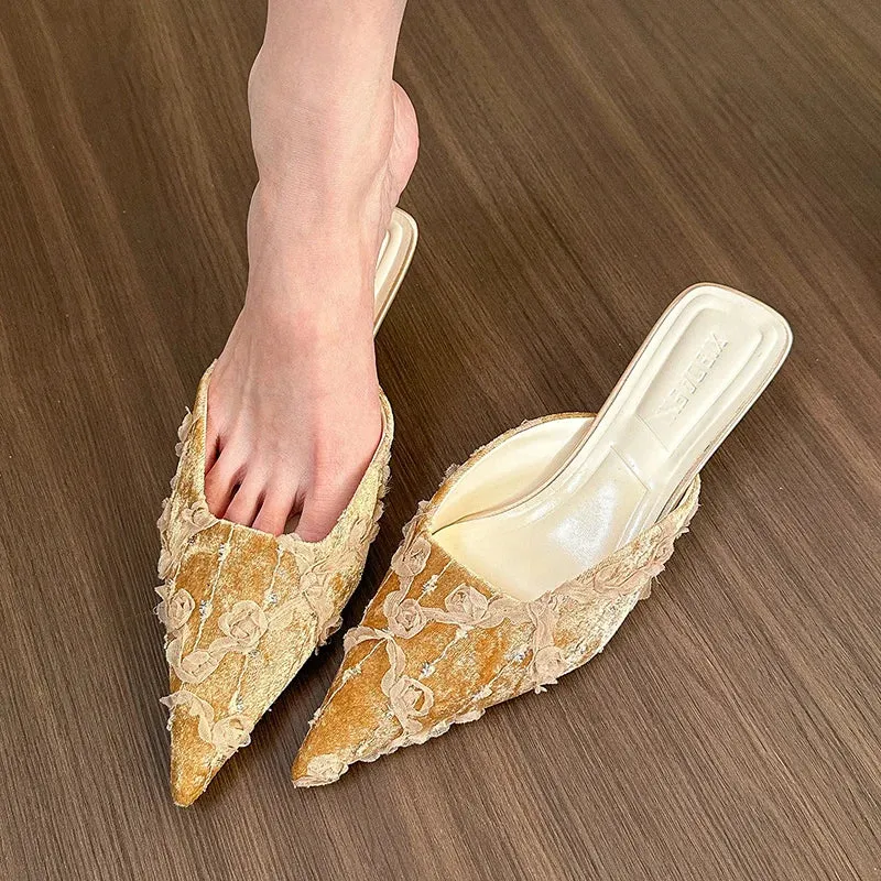 Hnzxzm 2024 Summers Women Mules Slippers Fashion Elegant Shallow Pointed Toe Slides Shoes Ladies Outdoor Dress Low Heel Sandalias