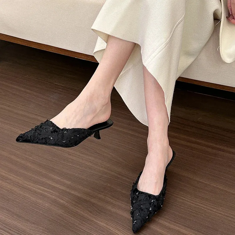 Hnzxzm 2024 Summers Women Mules Slippers Fashion Elegant Shallow Pointed Toe Slides Shoes Ladies Outdoor Dress Low Heel Sandalias