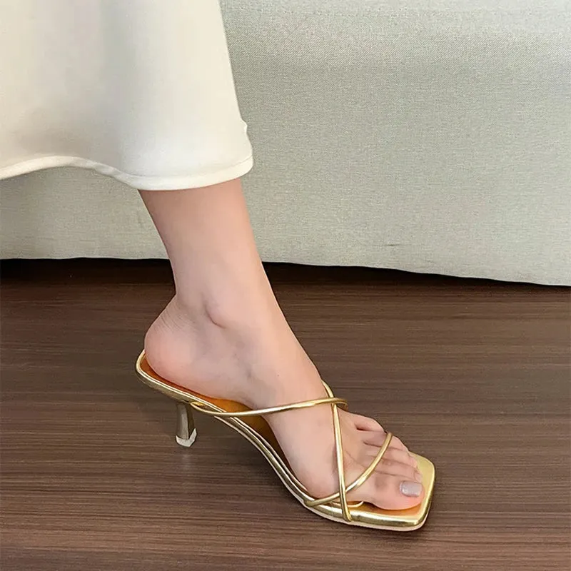 Hnzxzm Summer Open Toe Woman Slippers Fashion Narrow Band Slip On High Heel Slides Shoes Ladies Outdoor Dress Beach Sandalias