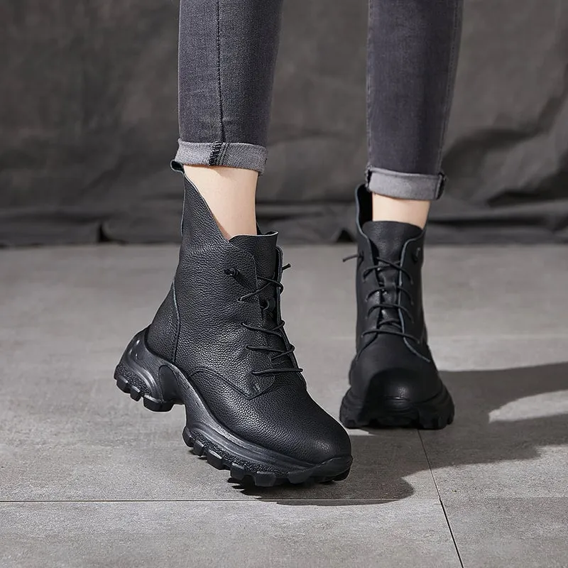 Lace-Up Combat Boots Retro Chunky Ankle Boots Handmade Genuine Leather Biker Boots Black/Coffee