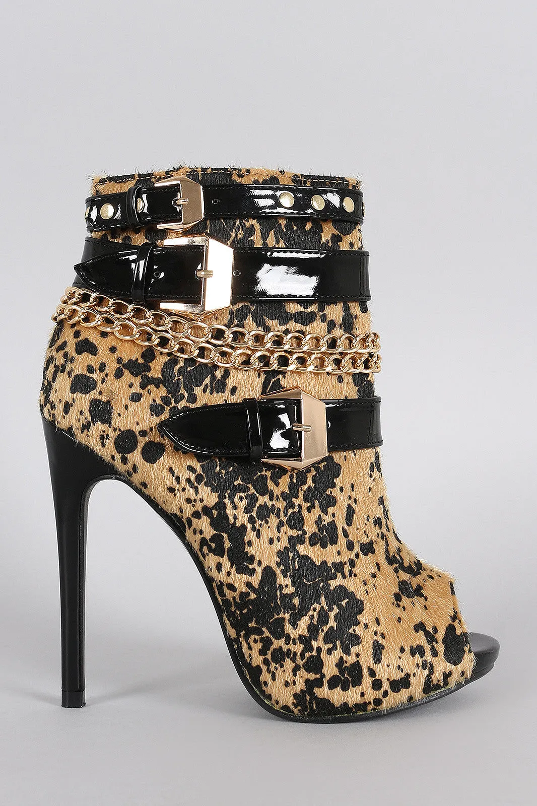 Leopard Calf Hair Studded Buckled Peep Toe Stiletto Booties