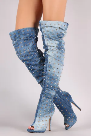 Liliana Studded Spike Denim Slouchy Over-The-Knee Boots