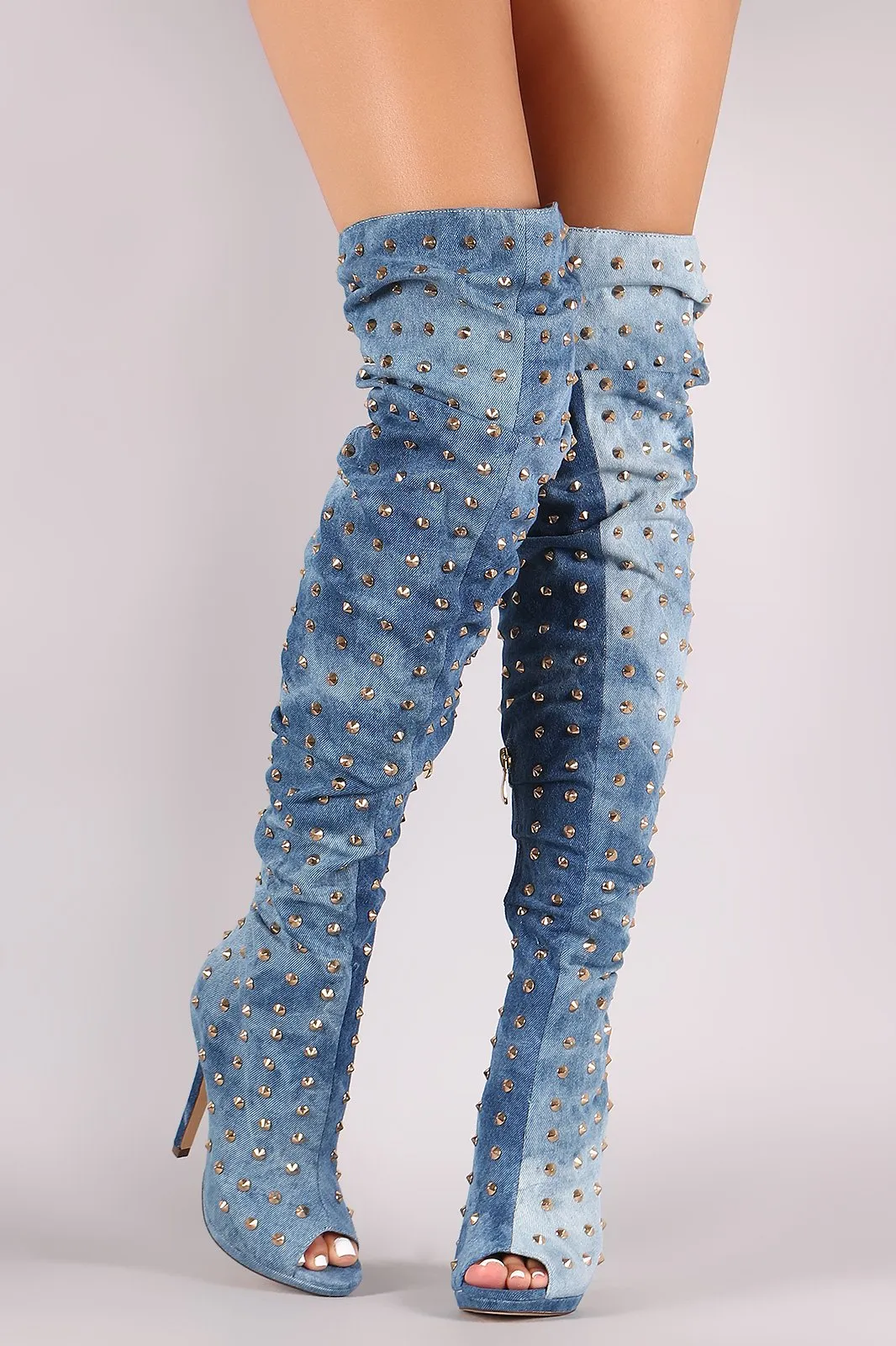 Liliana Studded Spike Denim Slouchy Over-The-Knee Boots