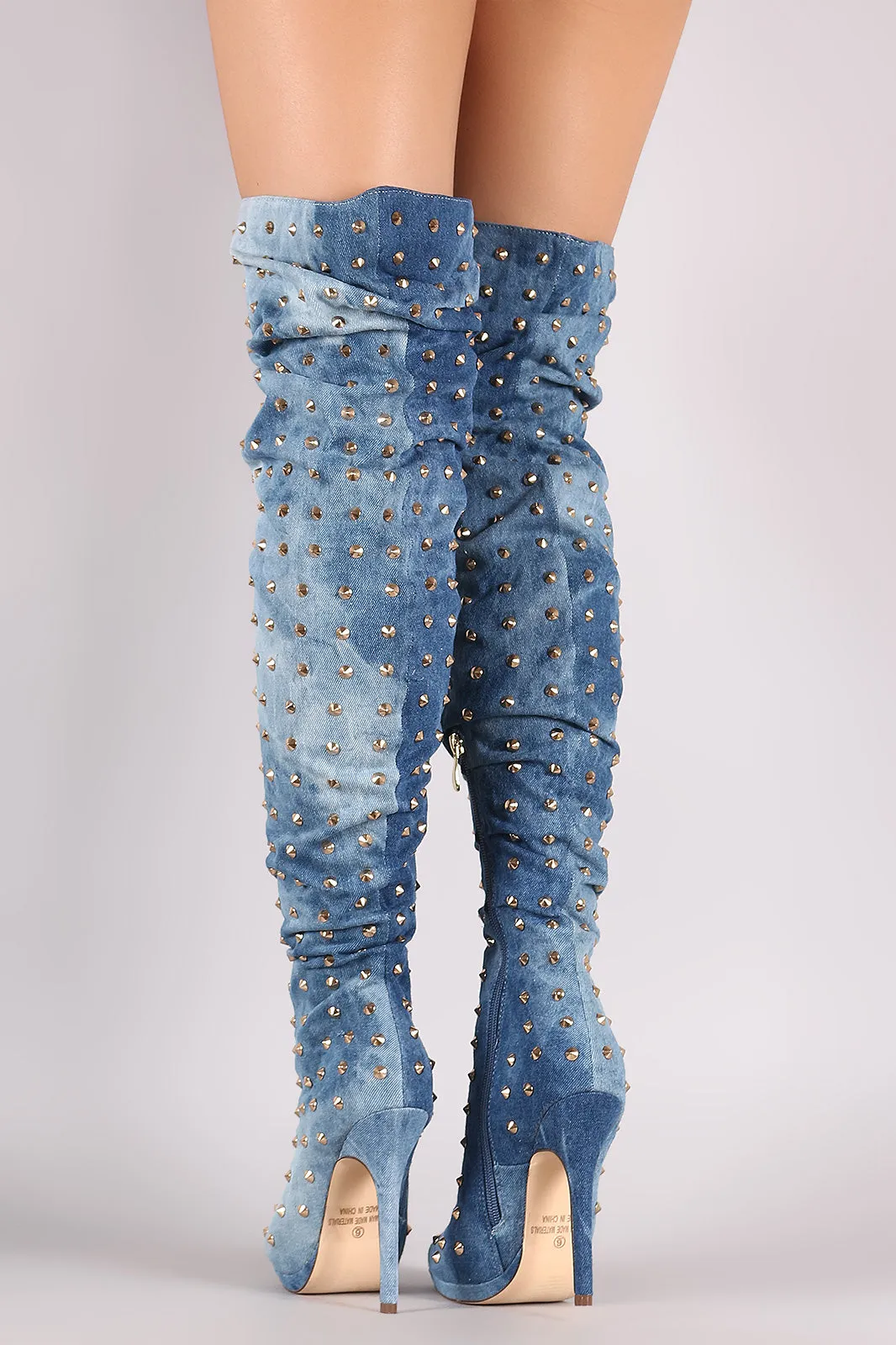 Liliana Studded Spike Denim Slouchy Over-The-Knee Boots