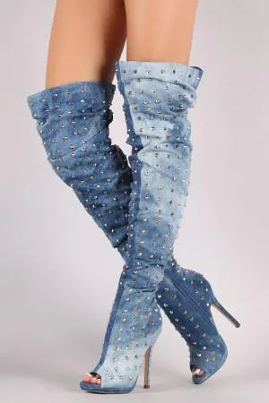 Liliana Studded Spike Denim Slouchy Over-The-Knee Boots