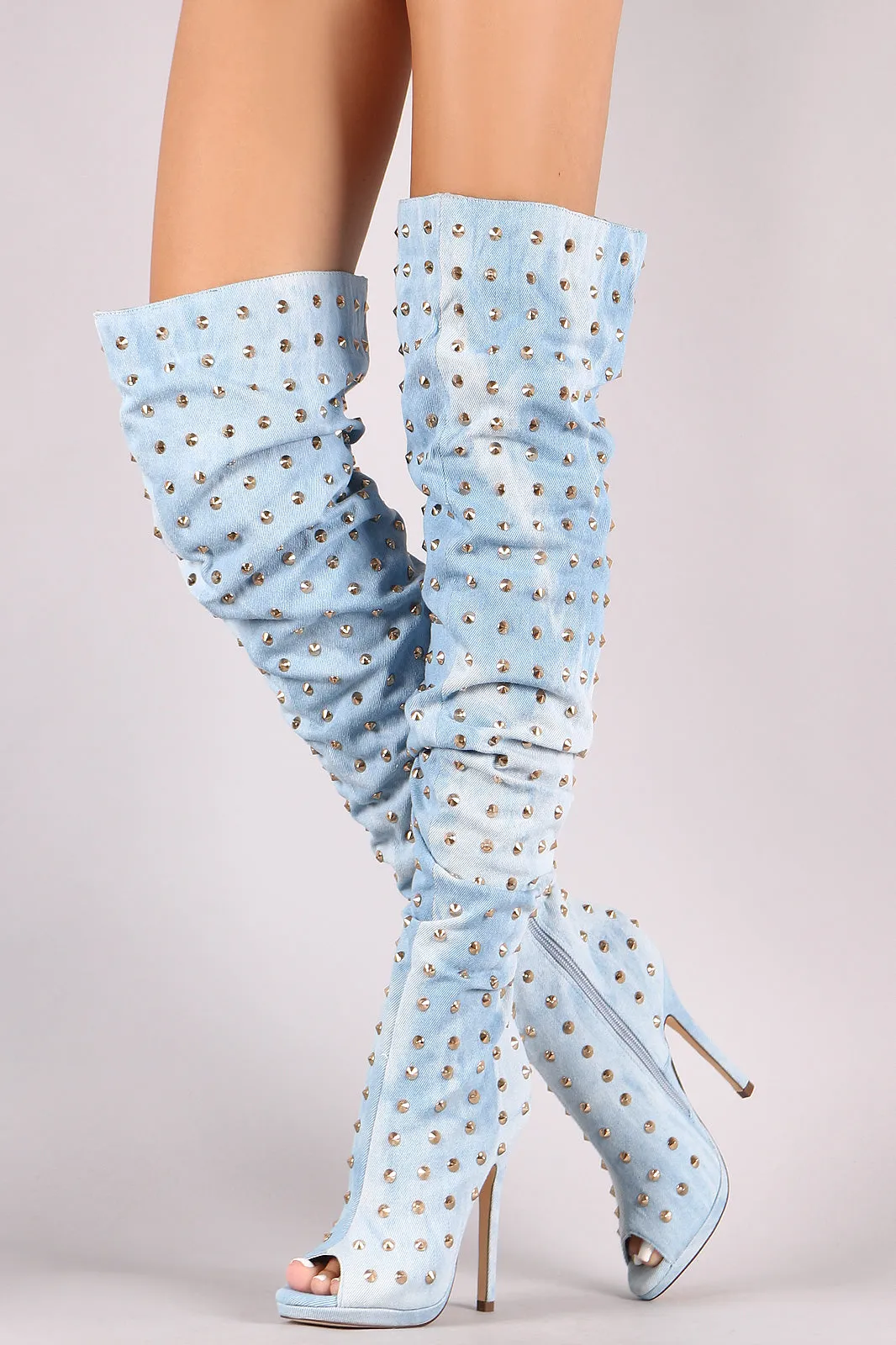 Liliana Studded Spike Denim Slouchy Over-The-Knee Boots