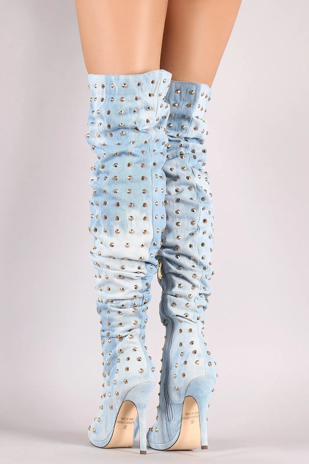 Liliana Studded Spike Denim Slouchy Over-The-Knee Boots