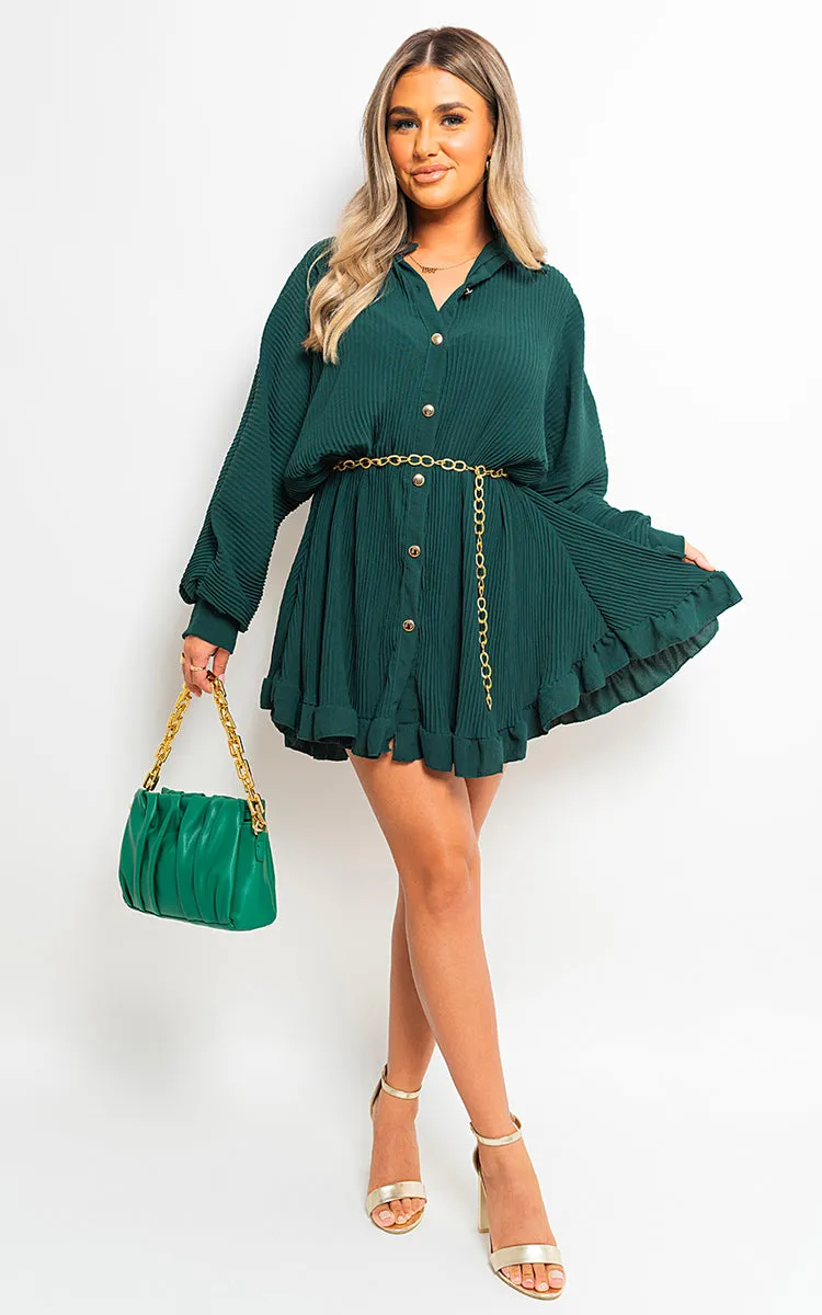 Long Sleeve Pleated Button Up Mini Dress