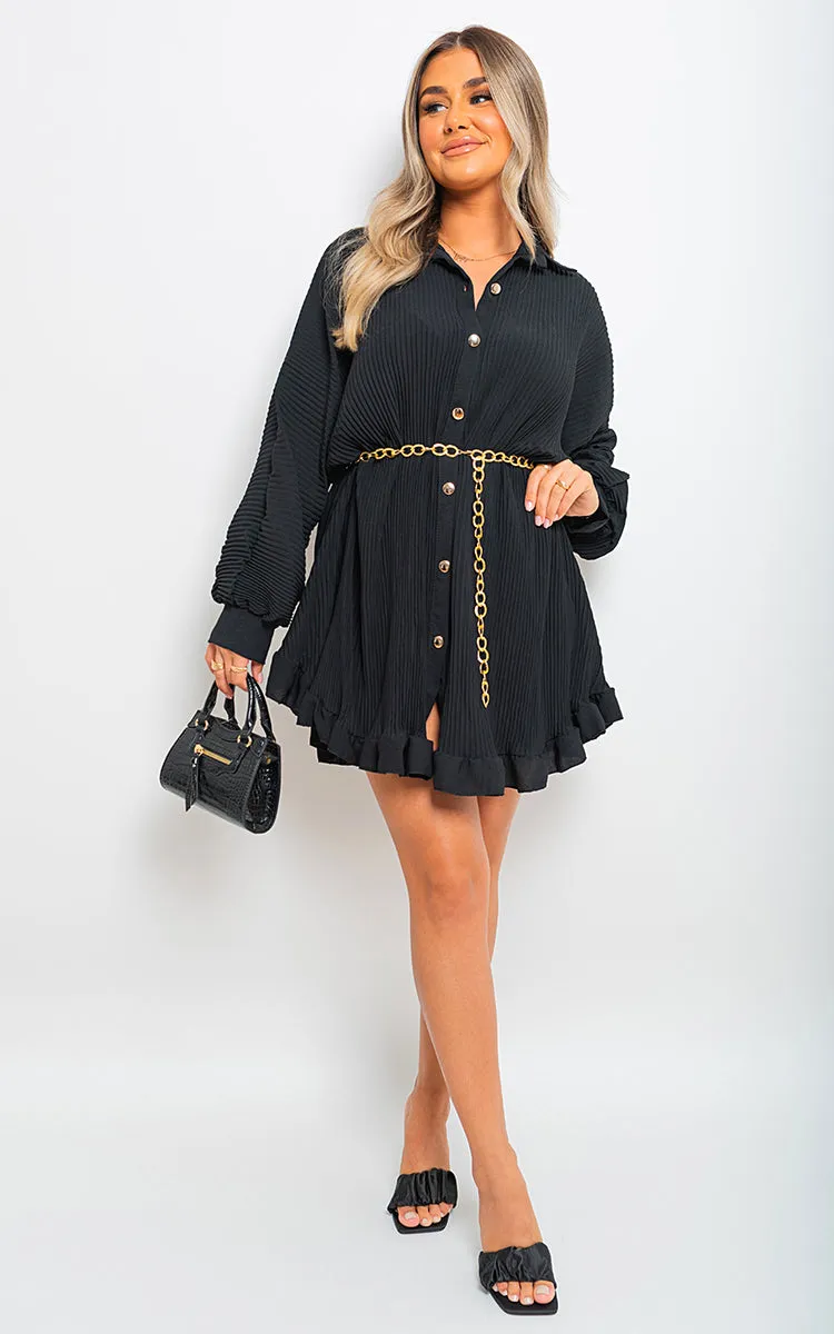 Long Sleeve Pleated Button Up Mini Dress