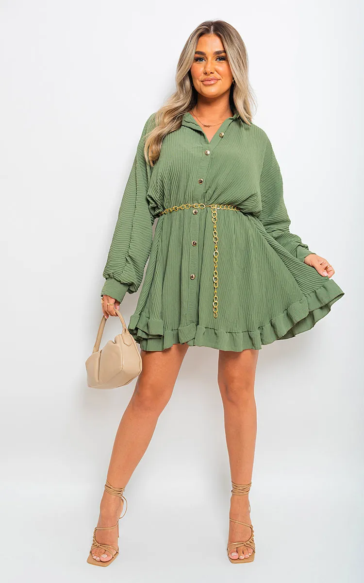 Long Sleeve Pleated Button Up Mini Dress