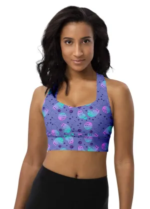 Longline sports bra - Galaxy Cats - Slate Blue