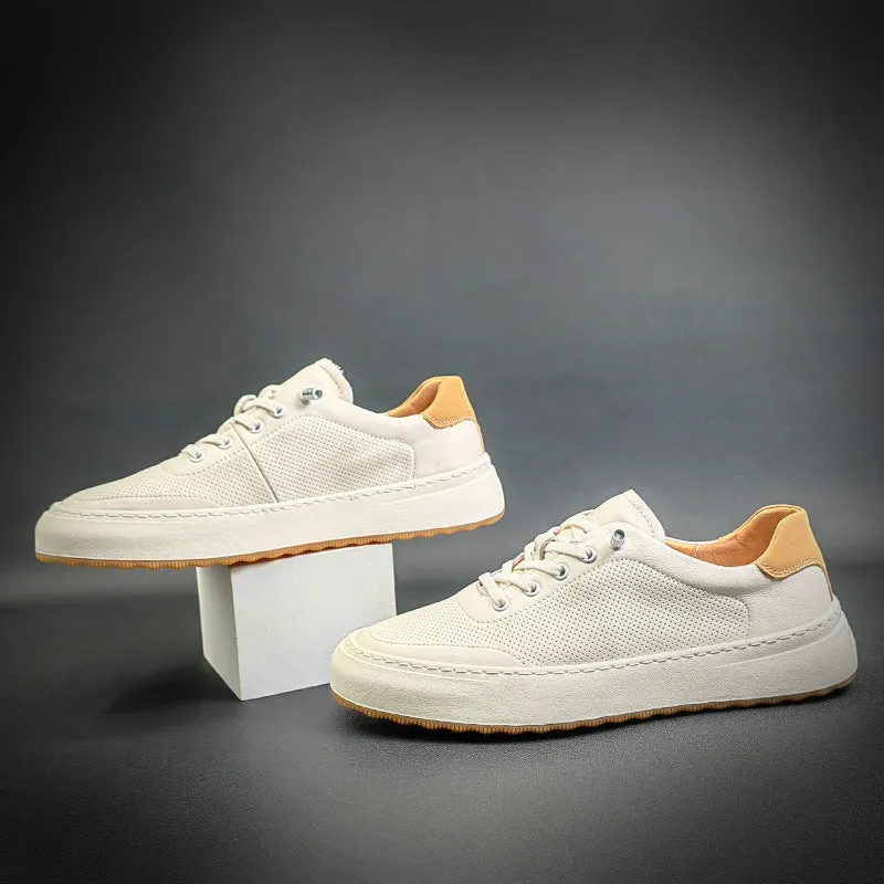 Men Breathable Leather Fashion Flat White Sneakers