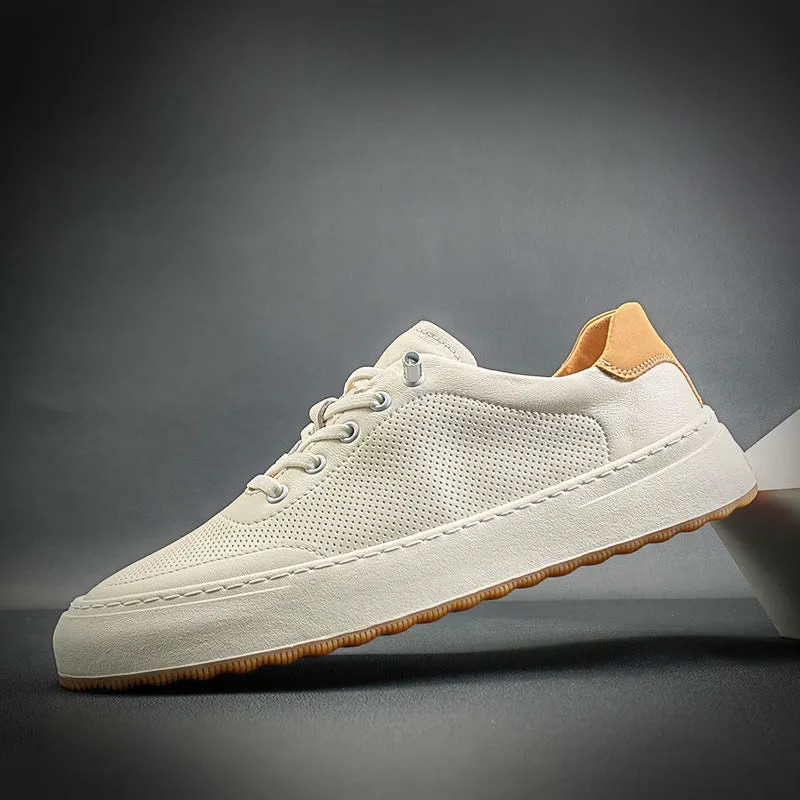 Men Breathable Leather Fashion Flat White Sneakers