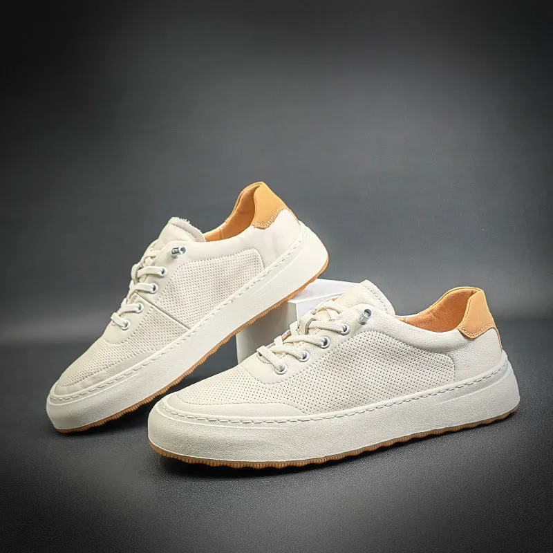 Men Breathable Leather Fashion Flat White Sneakers