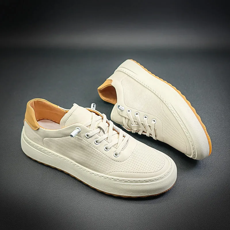 Men Breathable Leather Fashion Flat White Sneakers