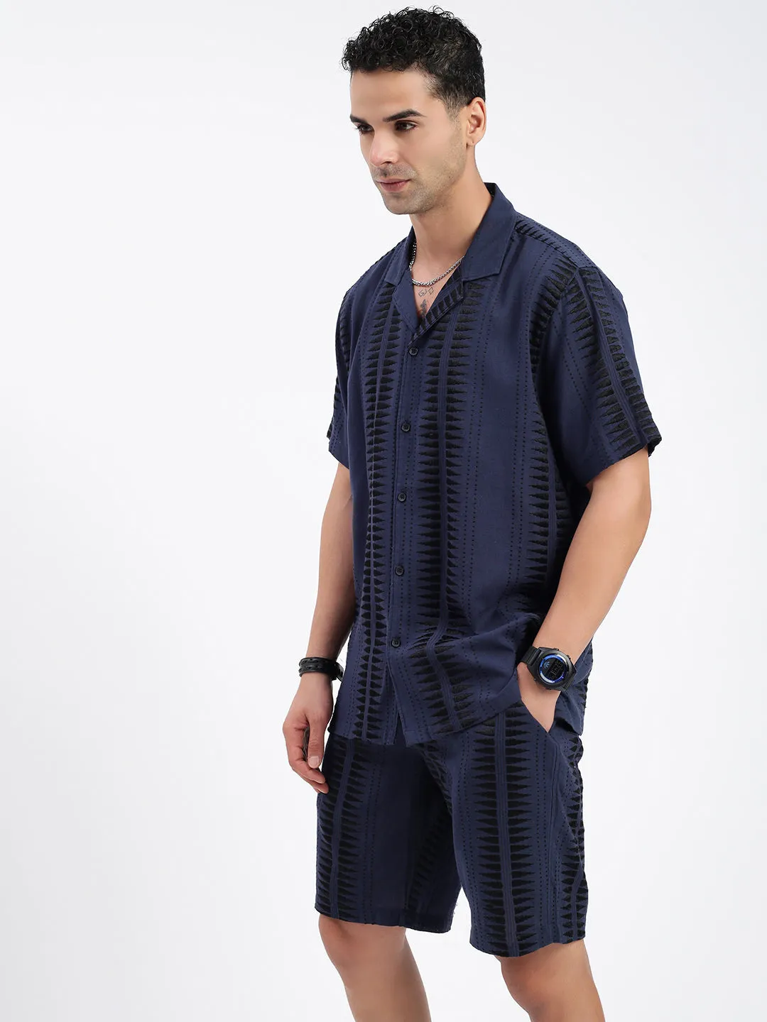 Men Geometric Navy Blue Co Ords Set