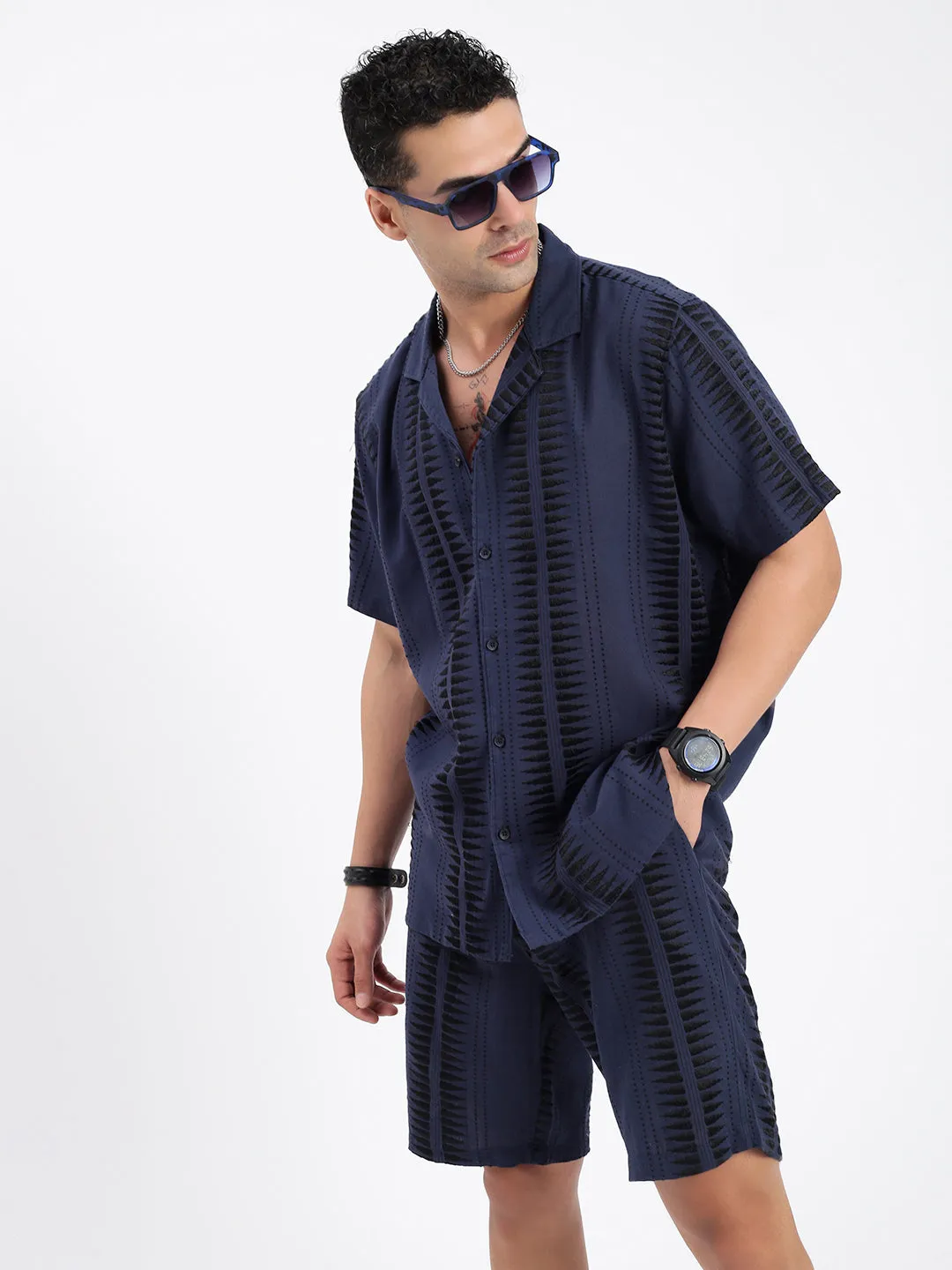 Men Geometric Navy Blue Co Ords Set