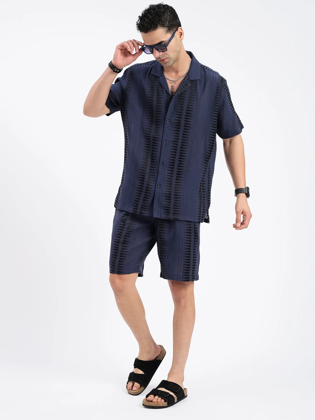 Men Geometric Navy Blue Co Ords Set