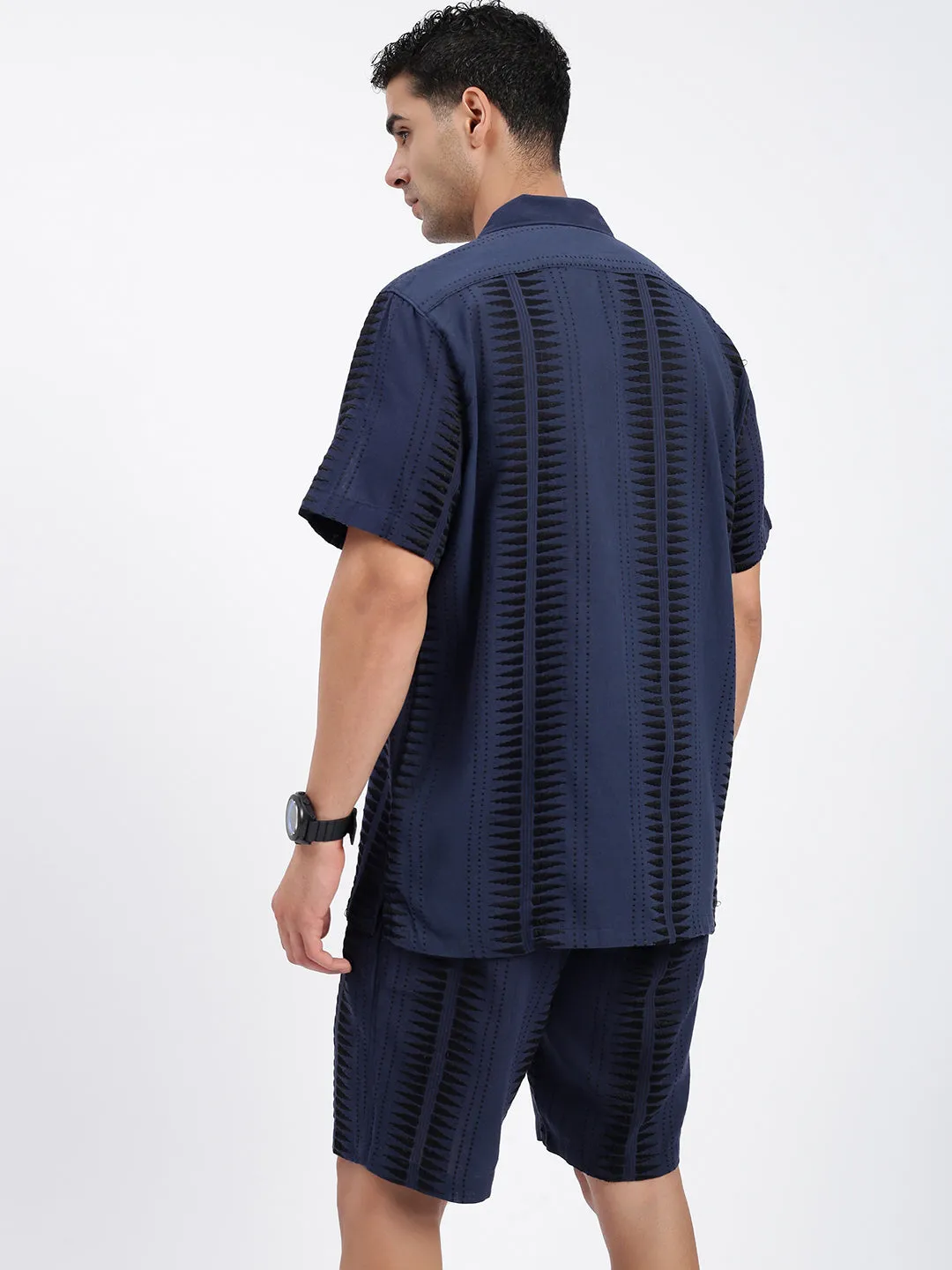 Men Geometric Navy Blue Co Ords Set