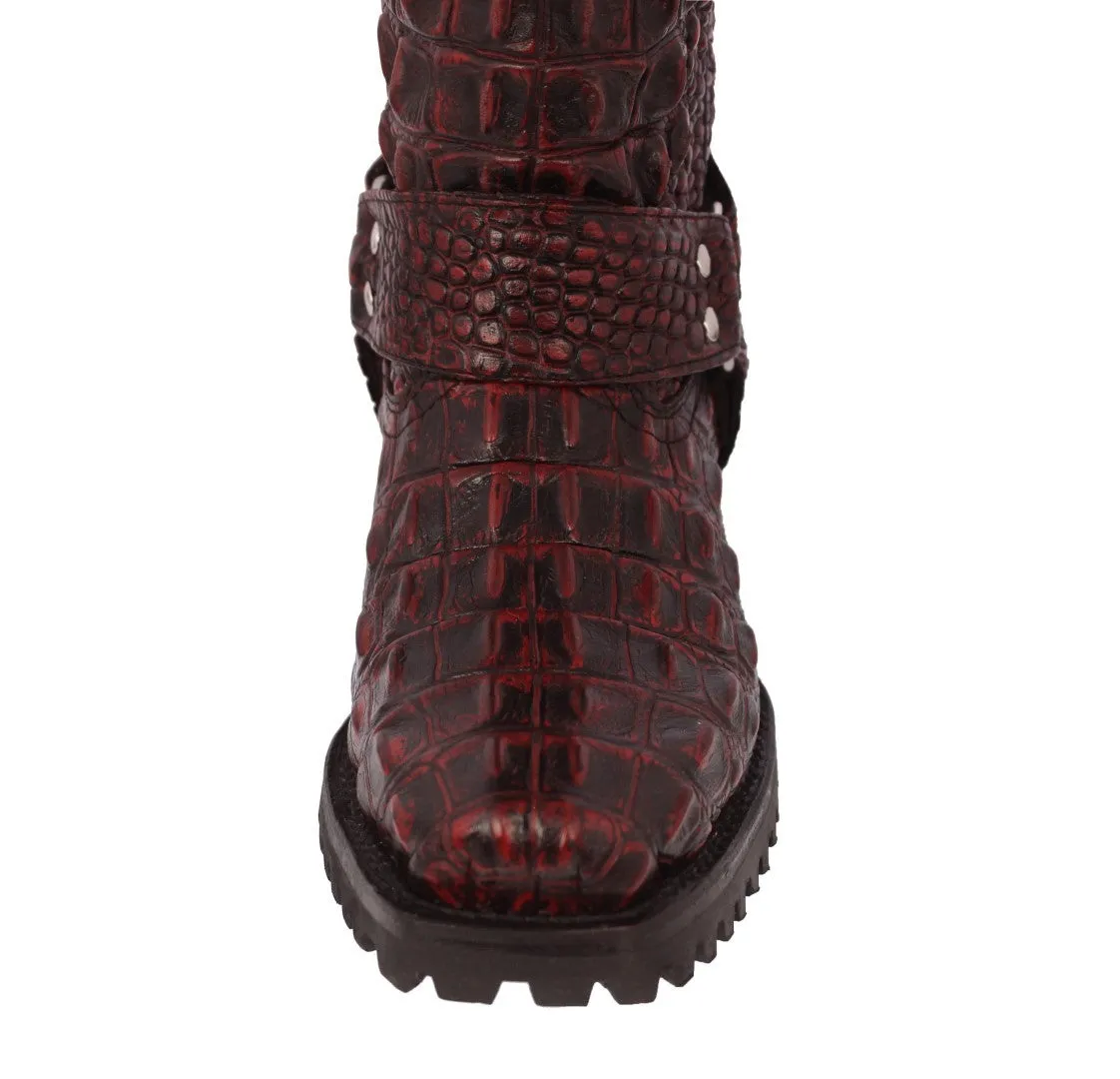 Mens Black Cherry Motorcycle Boots Crocodile Back Print - Square Toe