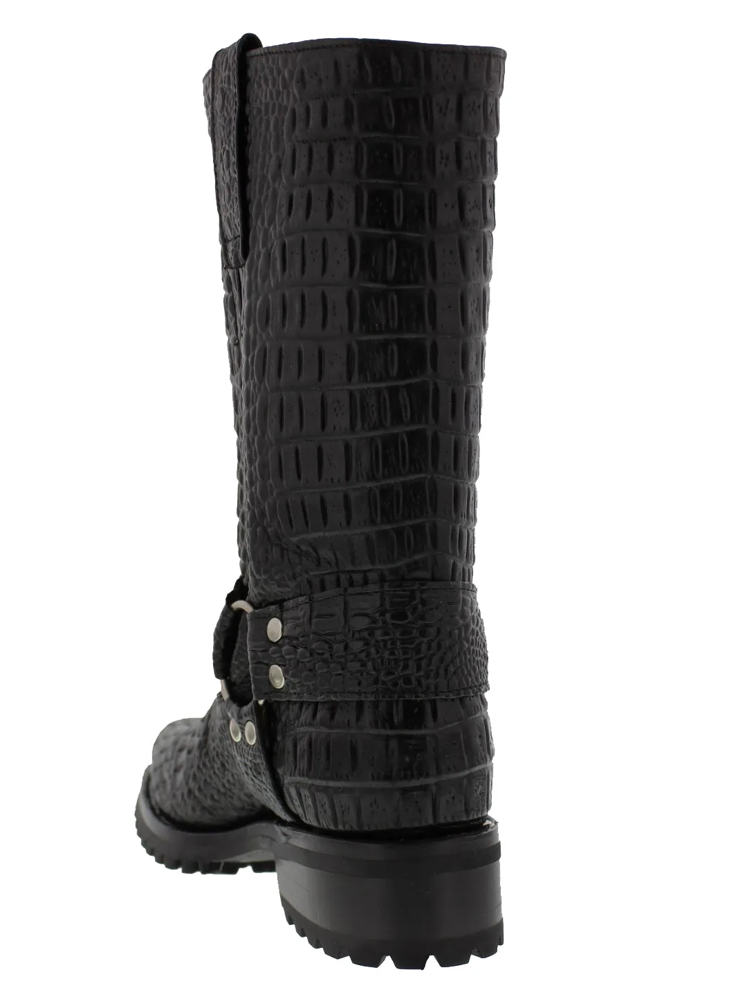 Mens Black Motorcycle Boots Crocodile Belly Print - Square Toe