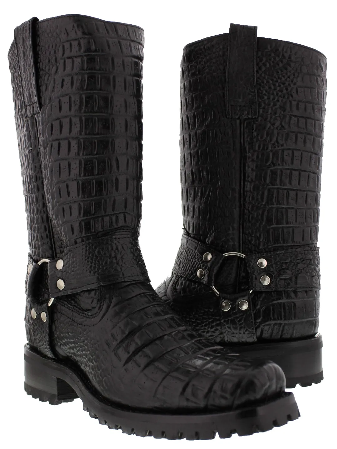 Mens Black Motorcycle Boots Crocodile Belly Print - Square Toe