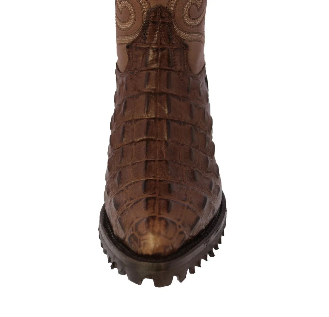 Mens Brown Motorcycle Boots Crocodile Back Cut Print - J Toe