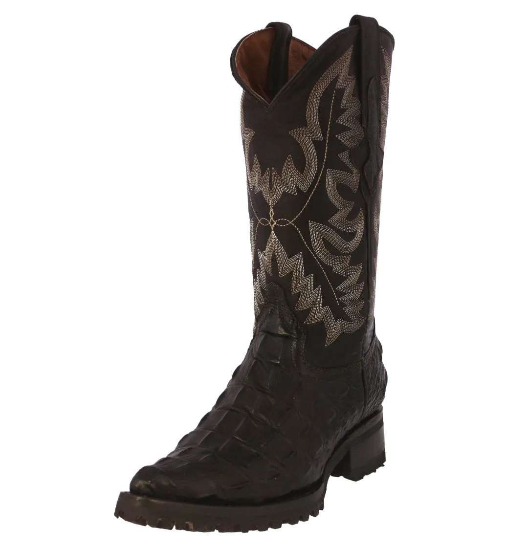 Mens Brown Motorcycle Boots Crocodile Back Cut Print - J Toe