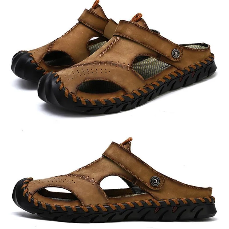 Men's Hand Stitching Leather Non Slip Outdoor Casual Beach Sandals Shoes